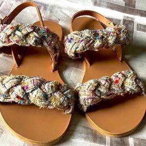 💜Rare Ancient Greek Spianada Sandals, Leather, Handmade woven fabric 💫